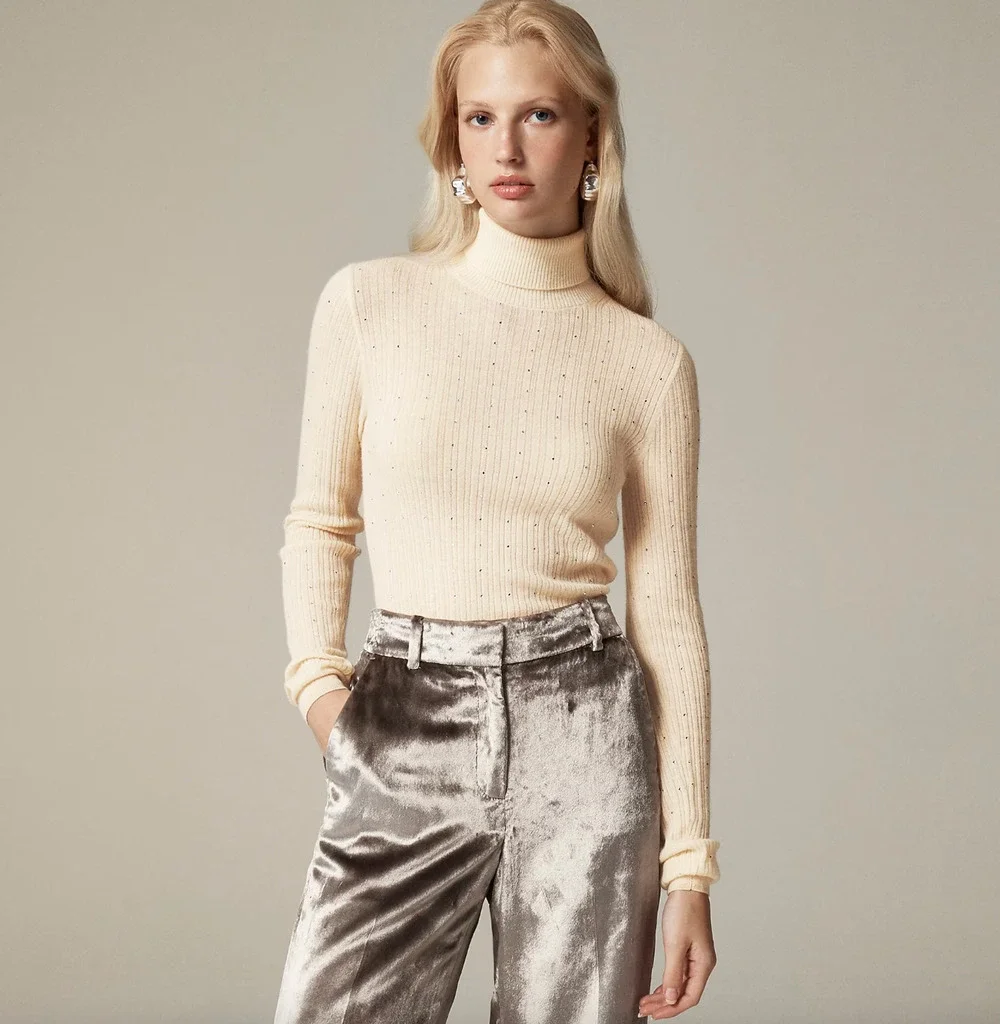 J.Crew Featherweight Cashmere Turtleneck Sweater Rhinestones Buttercream XL NWT
